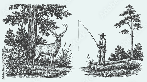 deer and fishermen near a tranquil lake engraving illustration, evoking peace, nature, and rustic wilderness.Vintage forest scene