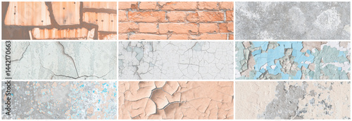 Obraz na płótnie Set of panoramic background textures. Collection of wide textures with peeling paint, cracks, rust, stone and concrete walls. Faded rough surfaces of old walls. Bundle of light backgrounds for design. w salonie