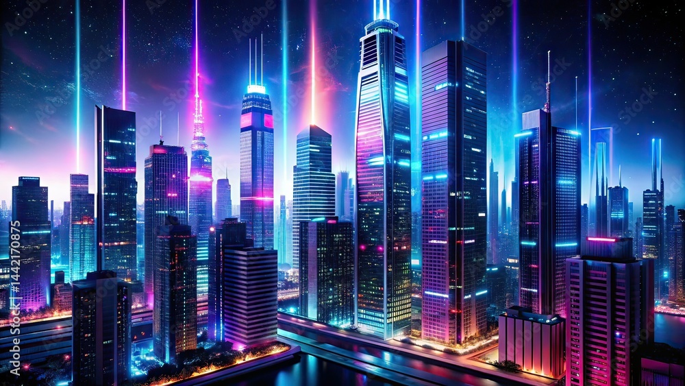 Neon Metropolis Skyscrapers Night Cityscape AI Art