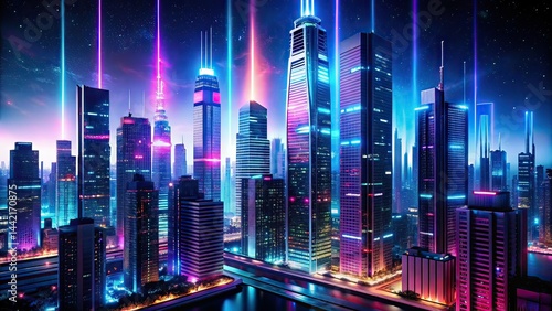 Obraz na płótnie Neon Metropolis Skyscrapers Night Cityscape AI Art w salonie