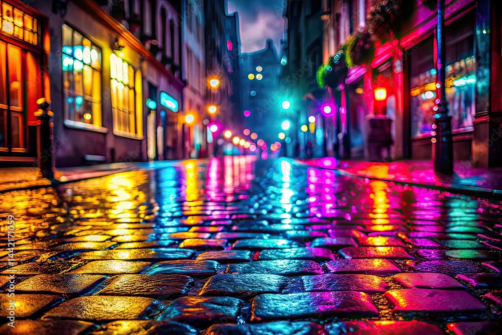 Neon Rain Cobblestones Surreal Photography, Fantasy Cityscape, Wet Stone