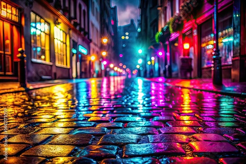 Obraz na płótnie Neon Rain Cobblestones Surreal Photography, Fantasy Cityscape, Wet Stone w salonie