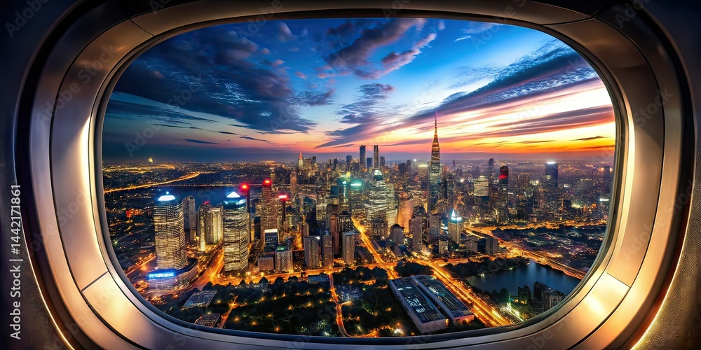 Night Cityscape Airplane Window, Dark Sky, Futuristic Photography
