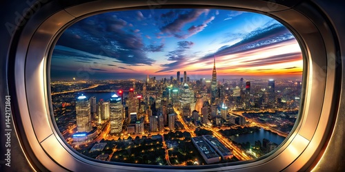 Night Cityscape Airplane Window, Dark Sky, Futuristic Photography