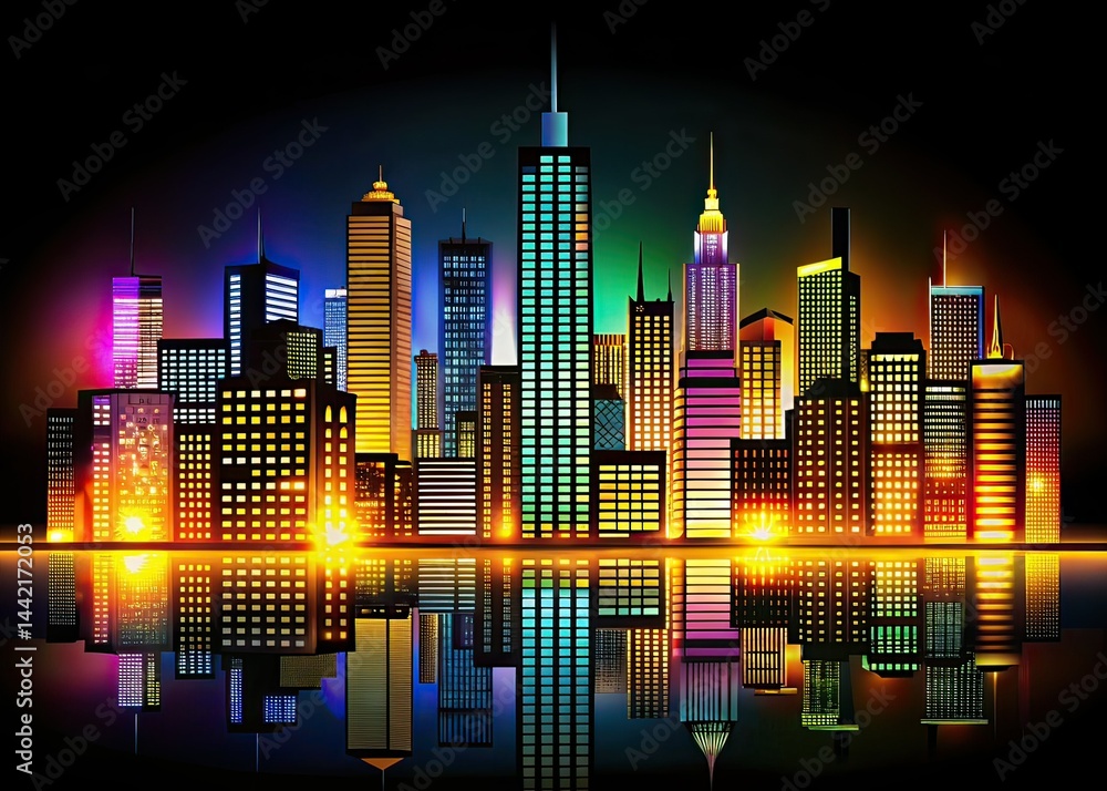 Night City Skyline Silhouette, Urban Landscape, AI Art