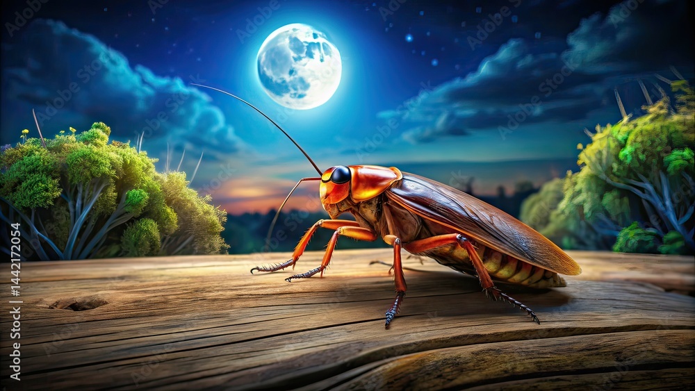 Night Cockroach on Wood, Nature Blurred Background, AI Photography