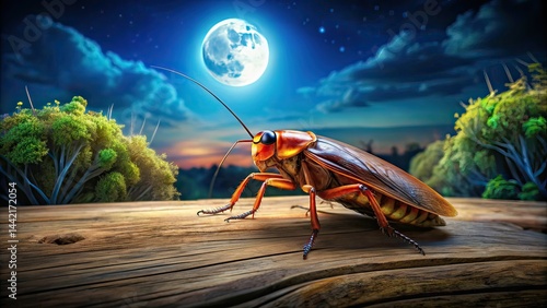 Obraz na płótnie Night Cockroach on Wood, Nature Blurred Background, AI Photography w salonie