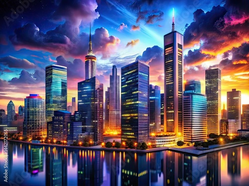 Obraz na płótnie Night Cityscape Photography AI Art, Urban Lights, Metropolis at Night, Stunning Cityscapes, Astrophotography, City Lights, Dark Sky, Urban Photography, Night Photography, Cityscapes, Architectur w salonie