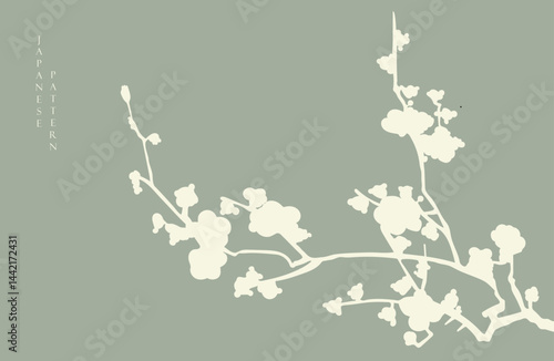 Set of hand drawn branch of flower with Japanese pattern vector. Oriental decoration with logo design, flyer or presentation in vintage style.