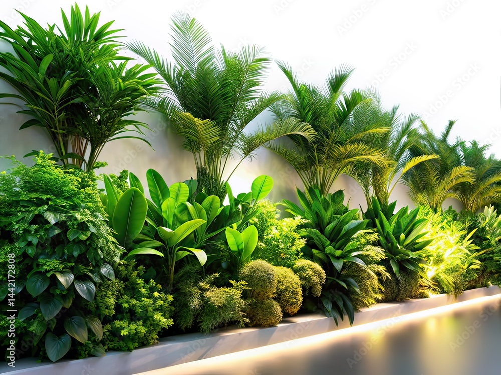 Night Photography: Lush Green Plants Line on White Background