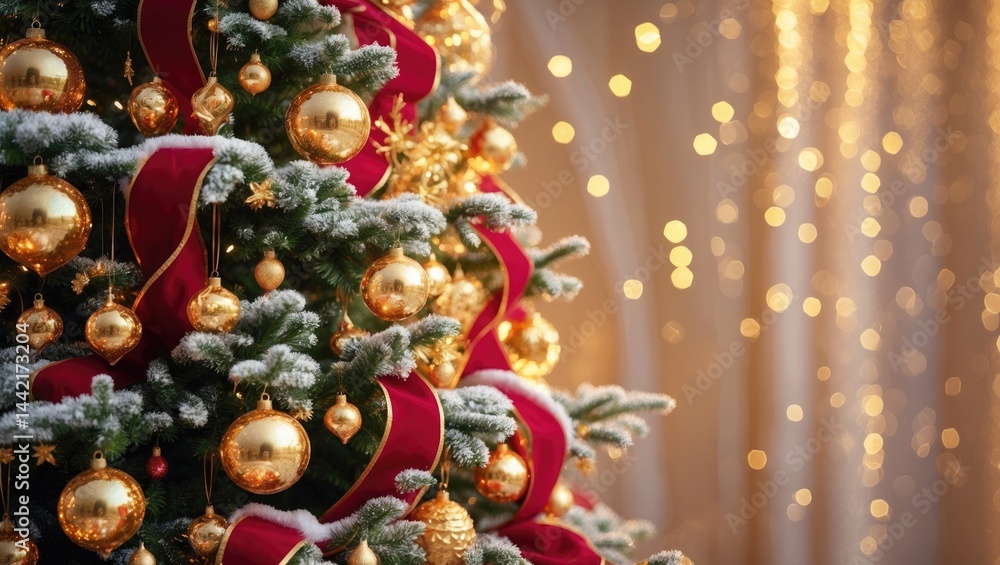 Christmas tree adorned with decorations set against a gold background of blurred lights Christmas tree adorned with decorations set against a gold background of blurred lights