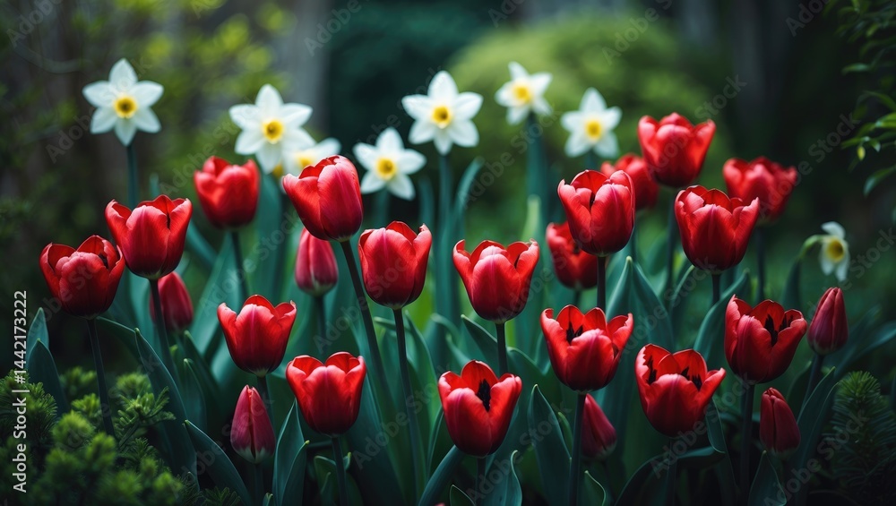 Obraz premium Vivid red tulips combined with white daffodils in full bloom