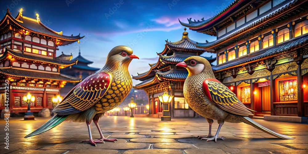 Night Street Scene, Chinese Decor, Decorative Birds, Architectural Photography