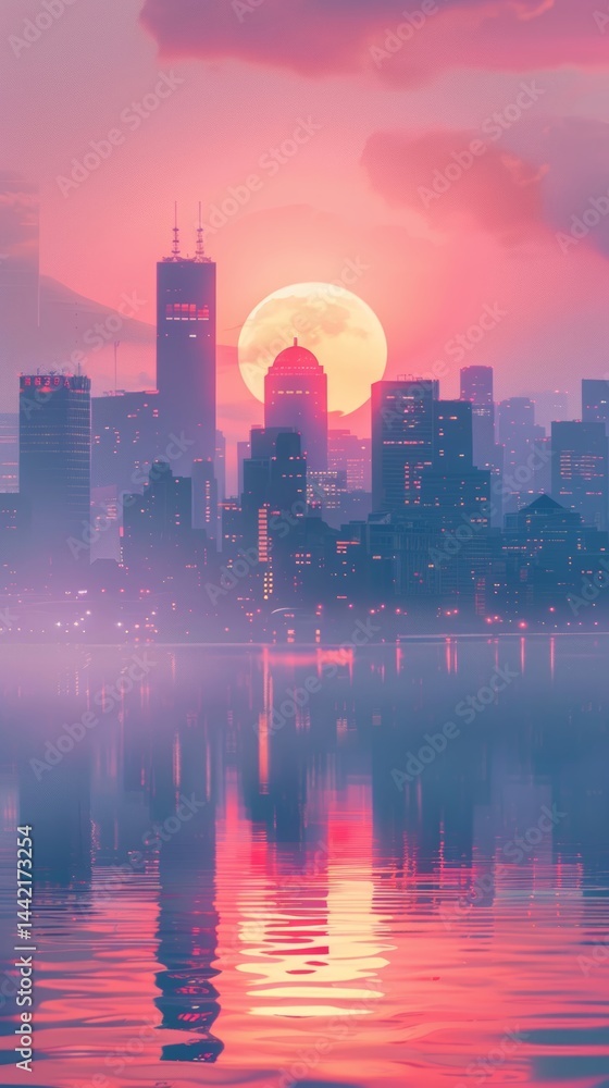 Fototapeta premium Sunset casts vibrant colors over modern city skyline with reflections in calm water