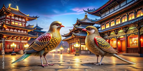 Obraz na płótnie Night Street Scene, Chinese Decor, Decorative Birds, Architectural Photography w salonie