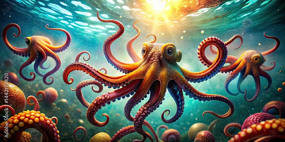 Octopuses in Ocean Bokeh, Group Swimming