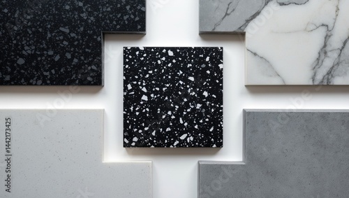 Interior material samples from a top perspective including gloss and matte tiles, terrazzo artificial stone, and marble quartz isolated on a background with clipping path