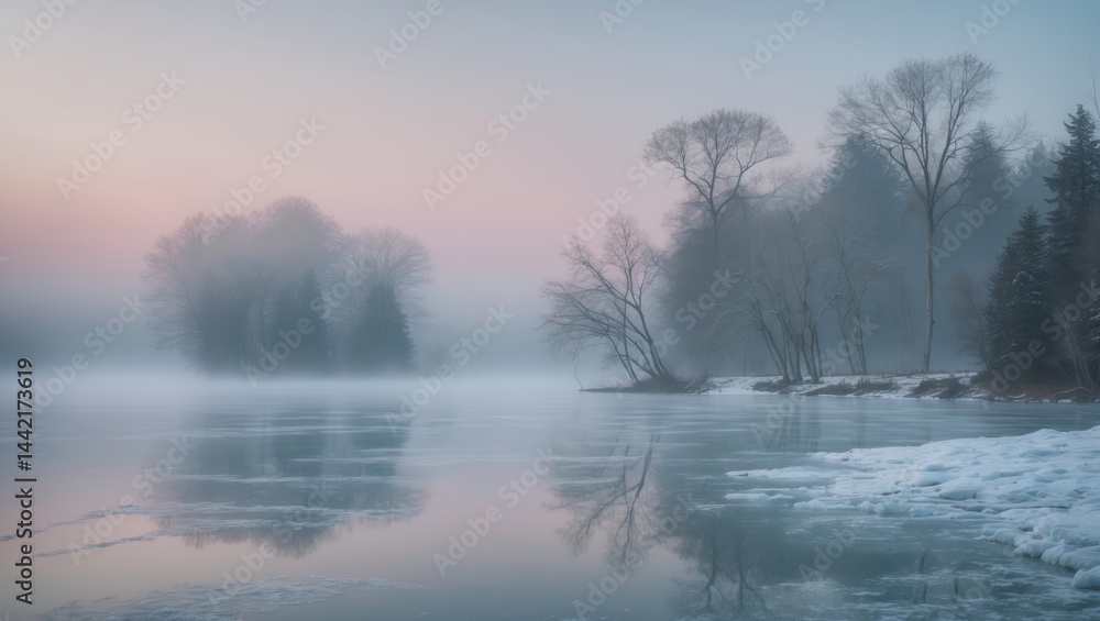 Fototapeta premium Peaceful winter landscape displaying a frozen lake in the foreground and a subtle mist hovering over the silhouetted trees in the background