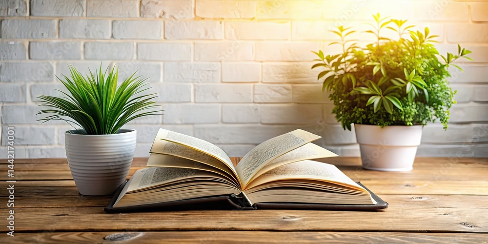 Open Book on Wooden Table with Plant - Fashion Photography
