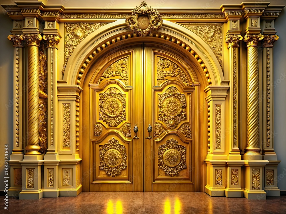 Ornate Golden Double Doors, Arch, Pillars, Low Light, Fantasy