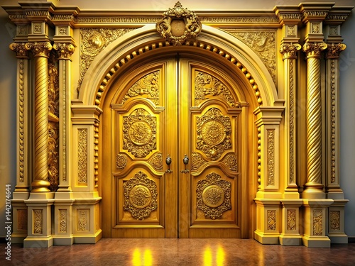 Obraz na płótnie Ornate Golden Double Doors, Arch, Pillars, Low Light, Fantasy w salonie