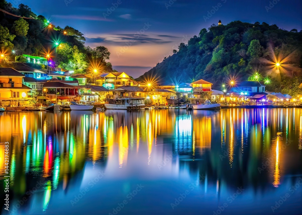 Palamutbuku Bay Night Lights Reflection - Macro Photography AI Art