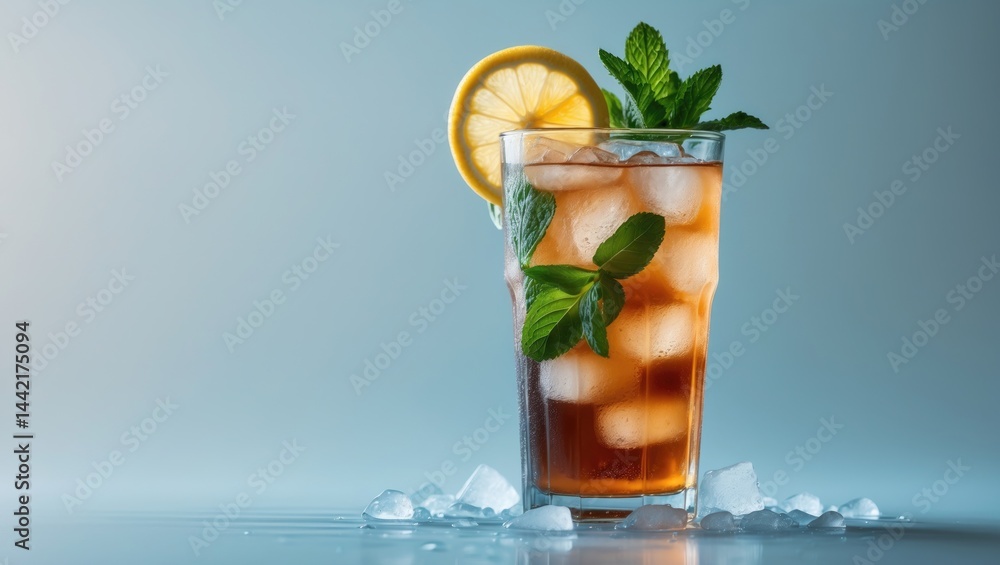 Fototapeta premium A flavorful glass of iced tea set against a bright background