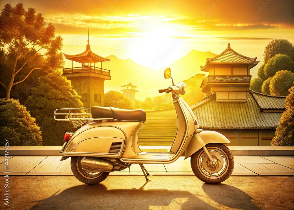 Panoramic Classic Japanese Scooter Line Art, Retro Photography