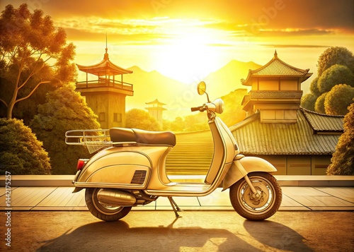 Obraz na płótnie Panoramic Classic Japanese Scooter Line Art, Retro Photography w salonie