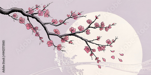 Cherry blossom branch reaches for a full moon in a serene, minimalist landscape at dusk, cartoon illustration