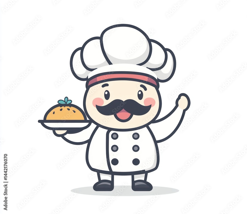 Cartoon chef presenting dish, cheerful expression, food service illustration, for child friendly recipes Cartoon chef presenting dish, cheerful expression, food service illustration, for child friendly recipes