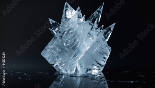 Cracked clear ice shard set on a black surface.