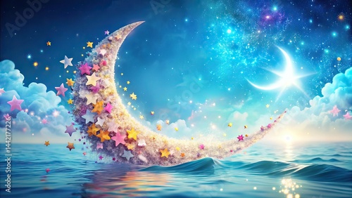 Obraz na płótnie Pastel Crescent Moon & Stars Over Swirling Ocean w salonie