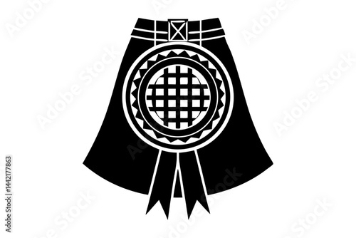 Black silhouette of a kilt with clan crest emblem on white background, kilt, scottish, scotland, tartan, scottish kilt, clan, crest, emblem, tradition, traditional, heritage, scottish heritage