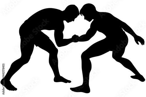 Silhouette of two wrestlers engaged in a grappling match on white, wrestling, silhouette, match, sport, grappling, competition, combat, fighter, athlete, competitive, physical, strong, action, vector