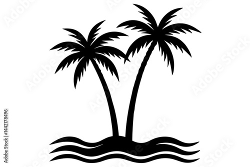 Tropical island silhouette with two palm trees tranquil beach theme, palm tree, island, silhouette, tropical, beach, ocean, sea, vacation, travel, summer, paradise, idyllic, coastline, shore, sand