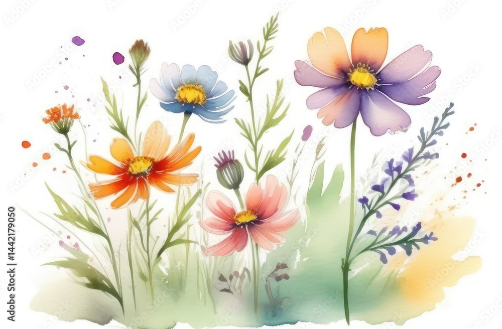 Naklejka premium Wildflowers floral watercolor. botanical watercolor painting
