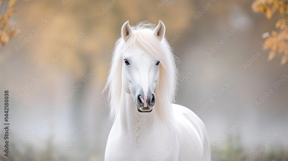 Obraz premium Majestic white horse in autumnal misty forest