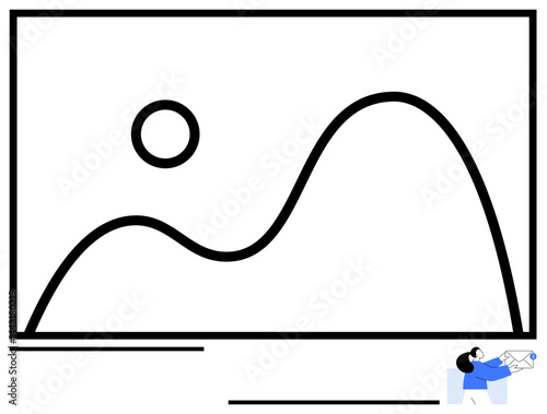 Minimalist line graph with curved trend and sun symbol, small figure reviewing chart. Ideal for data analysis, business review, research, growth, finance, education, flat simple metaphor