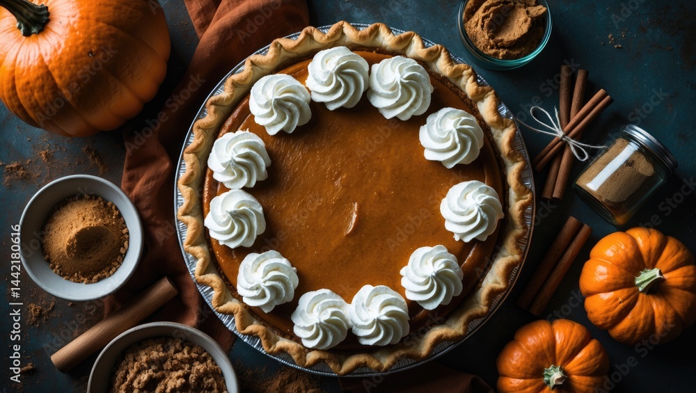 Rustic background showcasing a top view of Pumpkin Pie with whipped cream and cinnamon. Made from scratch. Rustic background showcasing a top view of Pumpkin Pie with whipped cream and cinnamon. Made from scratch.