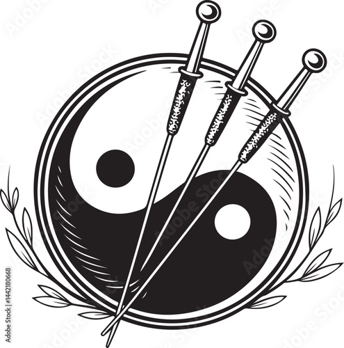 Acupuncture needles and Traditional Chinese Medicine, Black and White Vector Illustration, Sketch Drawing Line Linear Symbol Icon Engraving, Hand-drawn Isolated