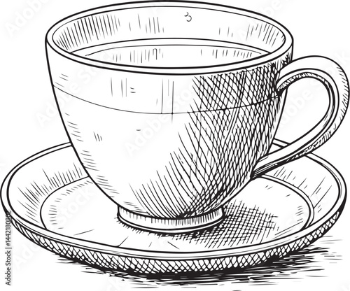 Detox tea cup, Naturopathy and Traditional Chinese Medicine, Black and White Vector Illustration, Sketch Drawing Line Linear Symbol Icon Engraving, Hand-drawn Isolated
