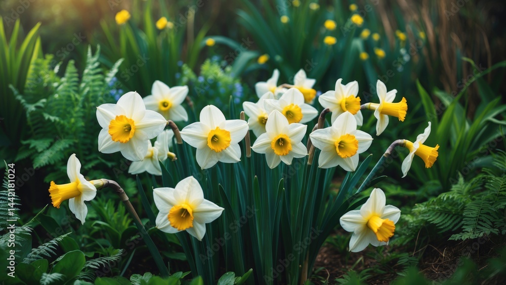 White daffodil flowers in bloom, closeup of Narcissus, ornamental paperwhite garden plant during spring White daffodil flowers in bloom, closeup of Narcissus, ornamental paperwhite garden plant during spring