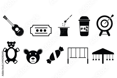 Carnival icon set with fun fair toys food games entertainment ticket swing ride and amusement vector illustration in flat style.
