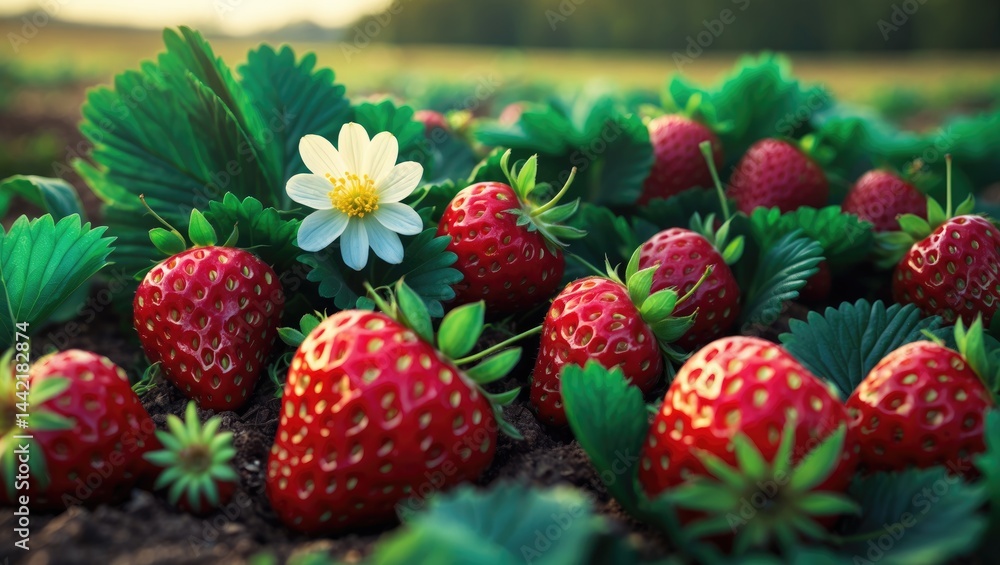 Red and green strawberry berries with white blossoms on a strawberry farm, detailed view Red and green strawberry berries with white blossoms on a strawberry farm, detailed view