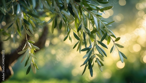 Olive tree adorned with leaves against a bright natural background