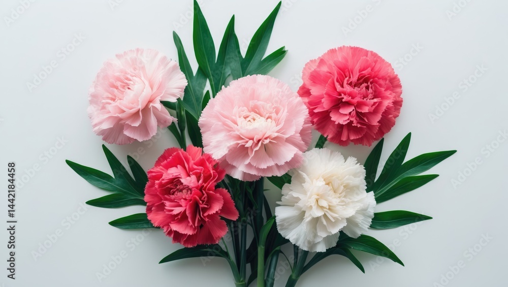 Isolated on white, a floral composition with red and white carnations and green foliage Isolated on white, a floral composition with red and white carnations and green foliage