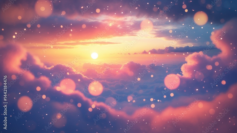 Fototapeta premium Colorful Sunset and Rain Showers in a Blurry Background Above a Dramatic Horizon