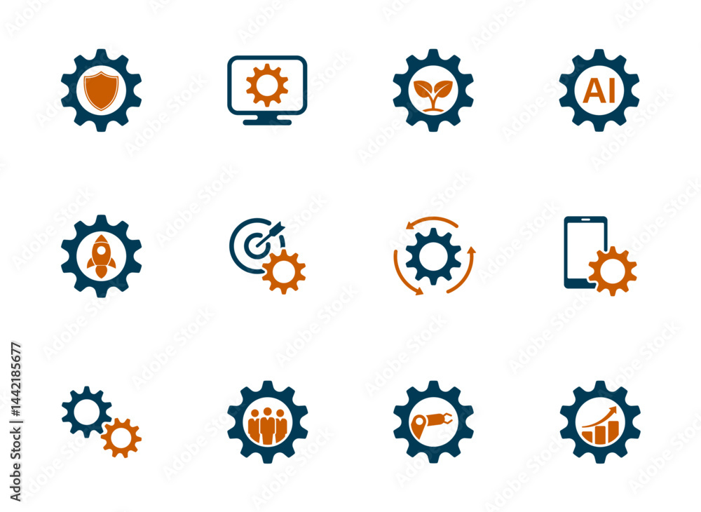 Solid vector icon set containing innovation, setting, growth.