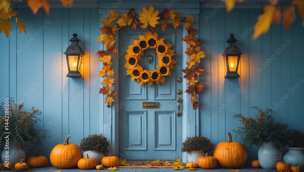 Obraz premium Decorative leaves and pumpkins on the door for holiday celebration.